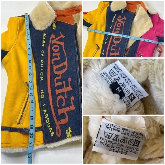 RARE Vintage Von Dutch Y2K Pink & Yellow Suede Blue Denim Faux Fur Bomber Jacket - Picture 16 of 16
